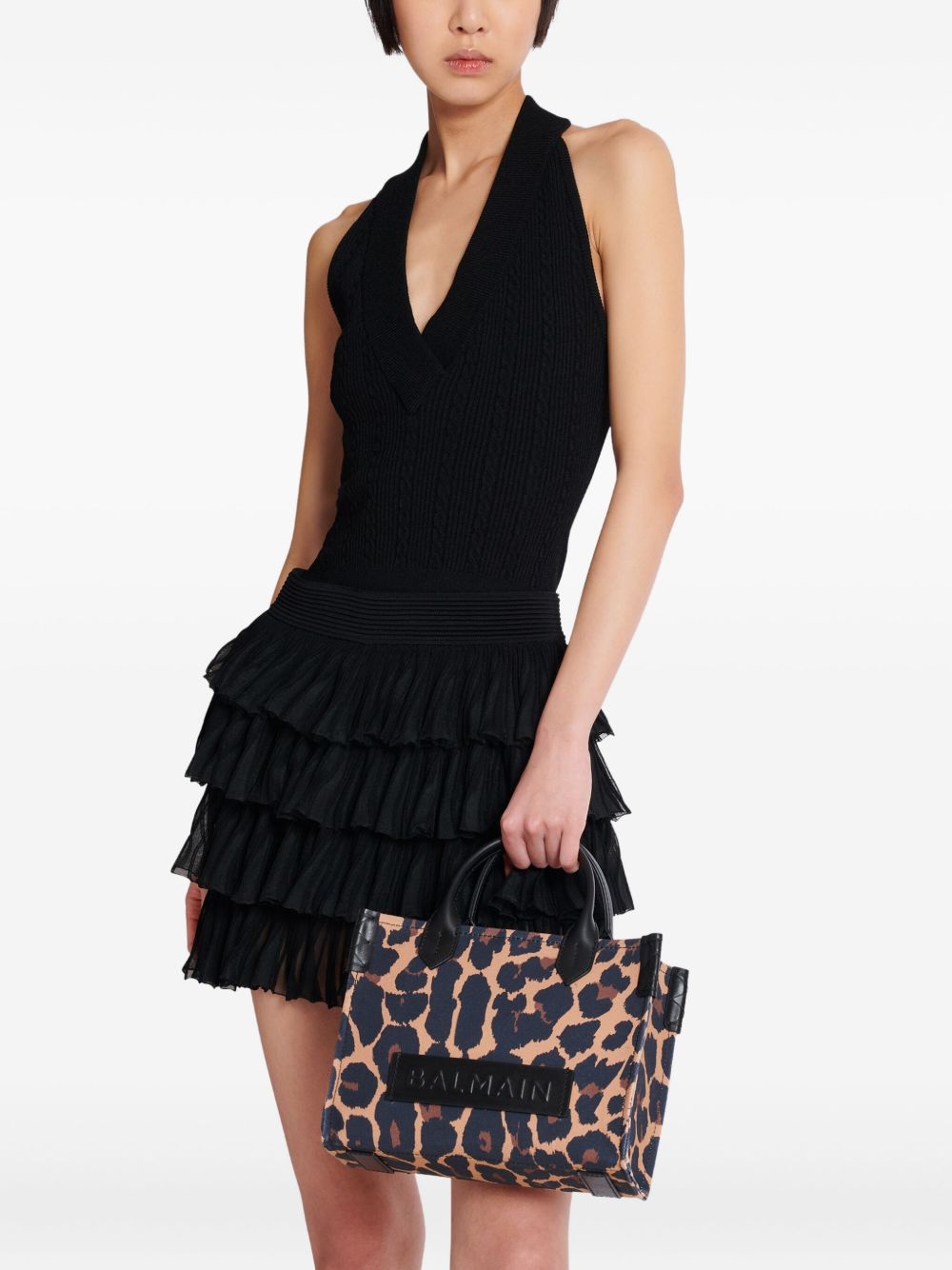 BALMAIN Mini Leopard Print Canvas Tote Handbag