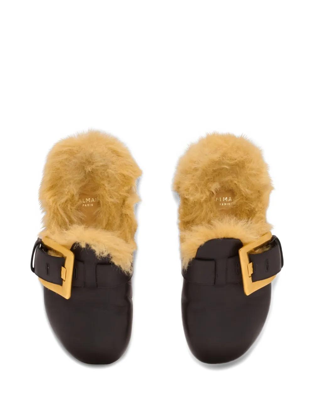BALMAIN Faux Fur Lined Slip-On Flat with Decorative Buckle Detail