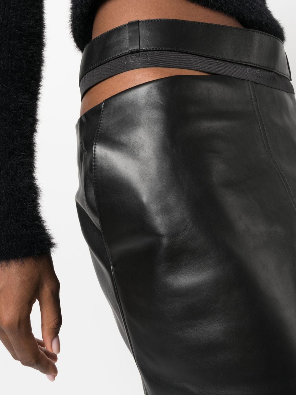 FENDI Leather Midi Skirt with Logo Waistband