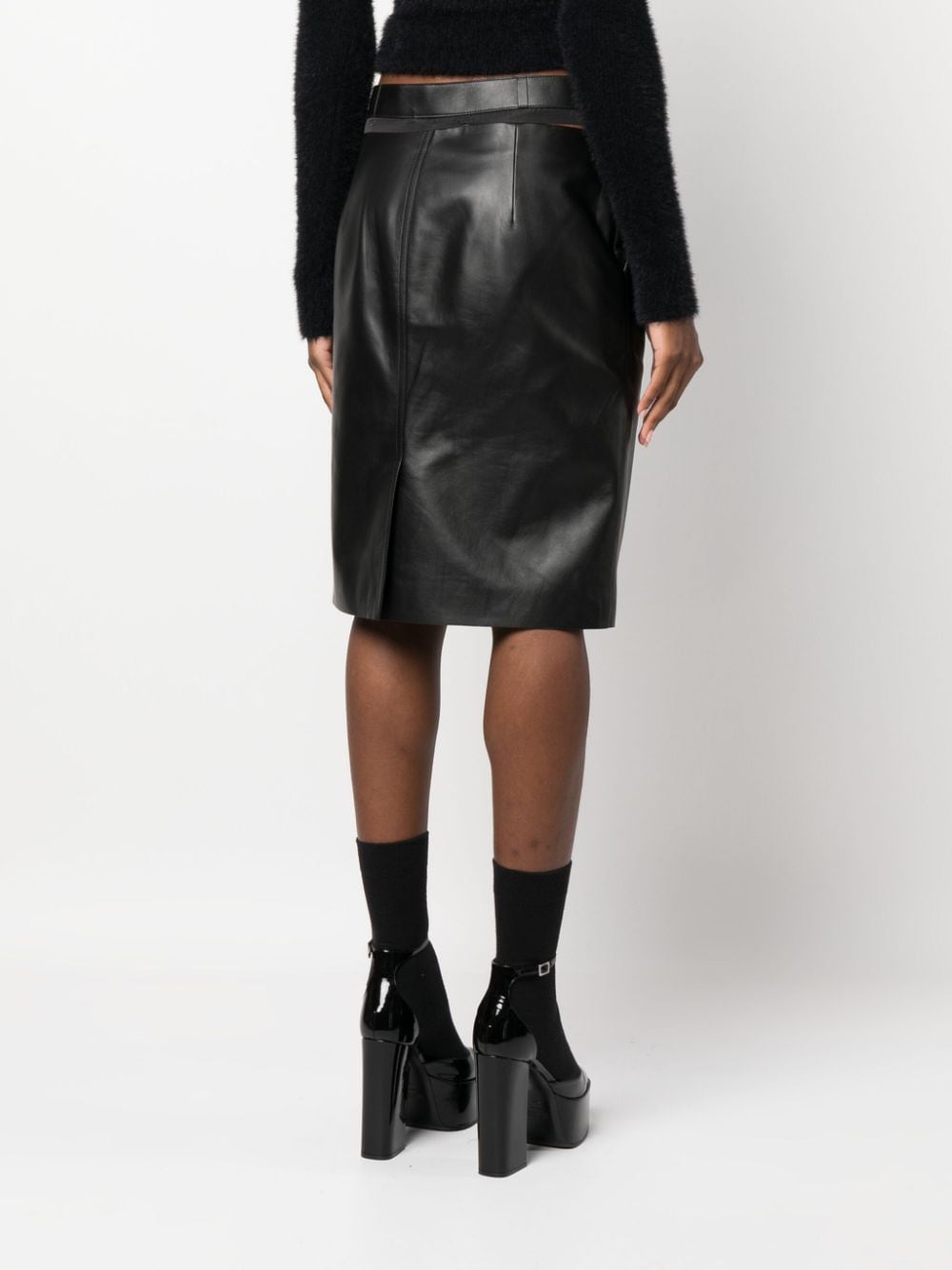 FENDI Leather Midi Skirt with Logo Waistband