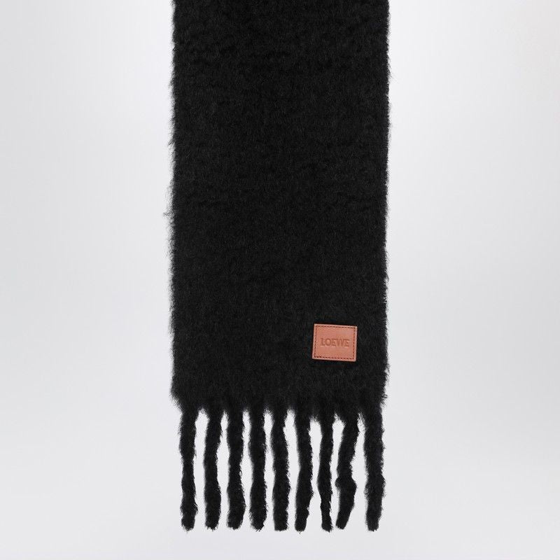 LOEWE Wool and Mohair Scarf with Fringes and Leather Patch