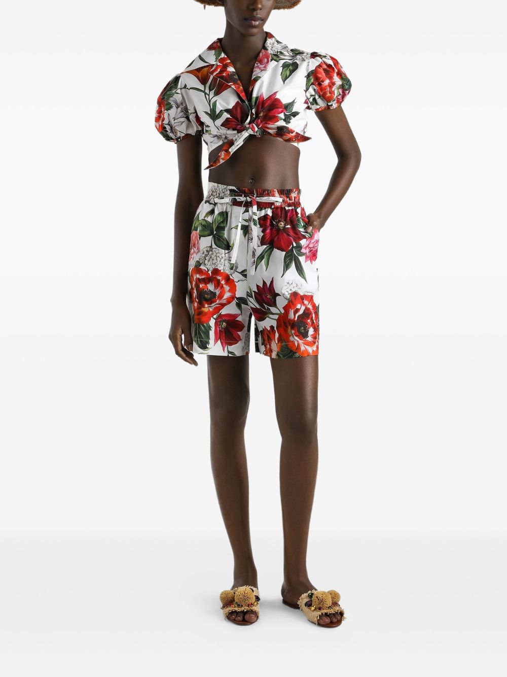 DOLCE & GABBANA Floral-Print Poplin Shorts with Elastic Waistband - Size 40