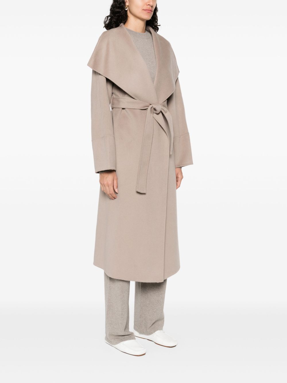 SOFT GOAT Belted Cashmere Jacket with Scarf Collar - Below Knee Length