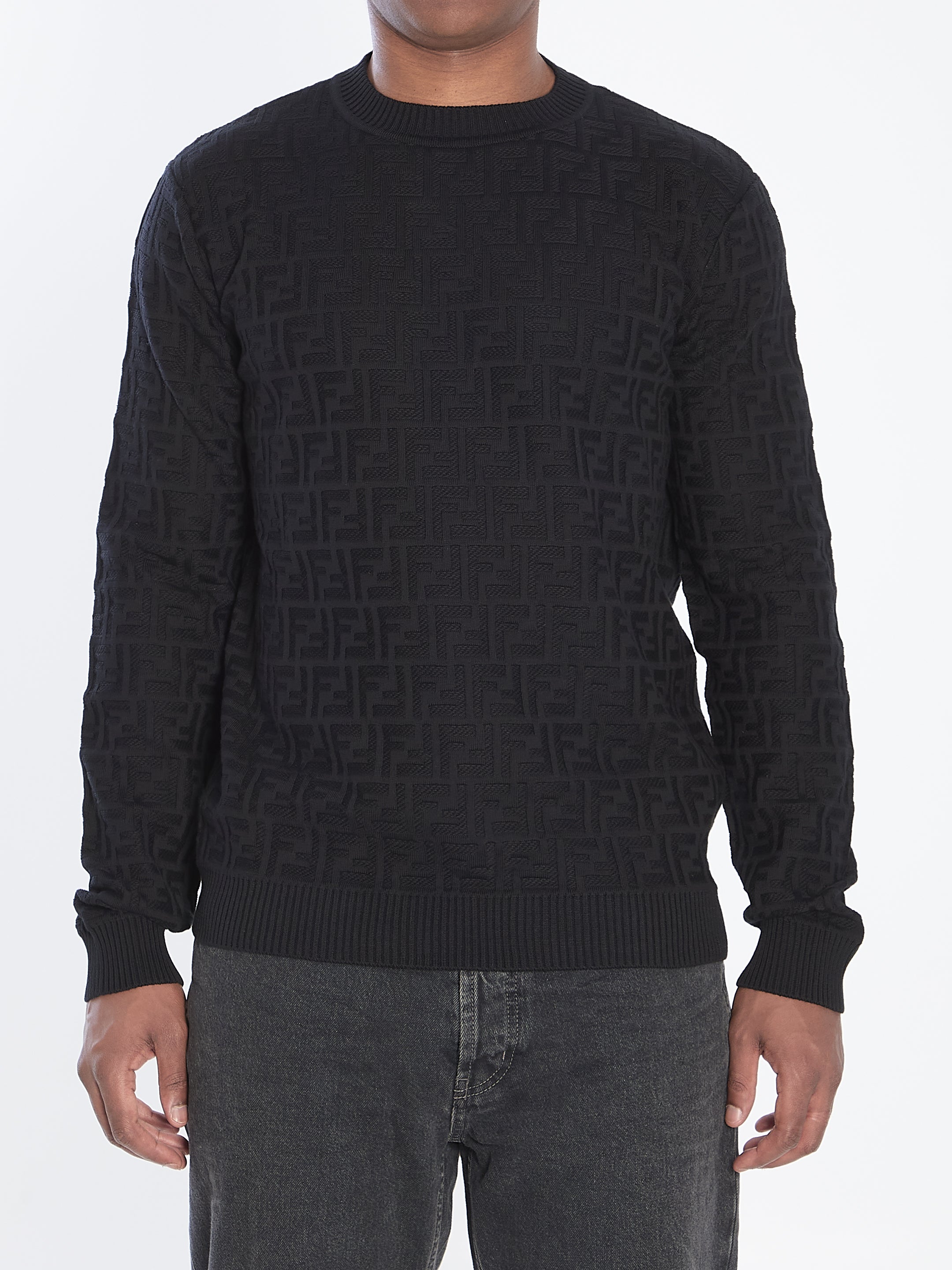 FENDI All-Over Knit Round Neck Long Sleeve T-Shirt for Men