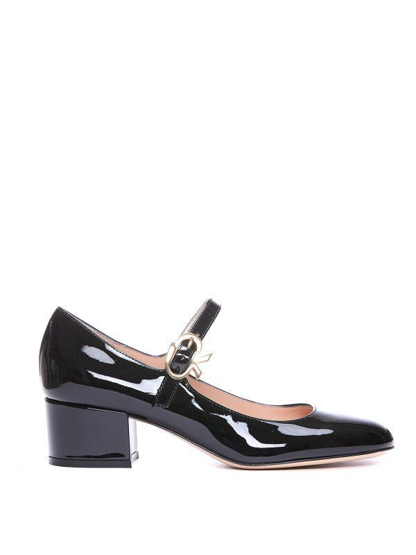 GIANVITO ROSSI Mary Ribbon Block Heel Slippers with Gold-Detail