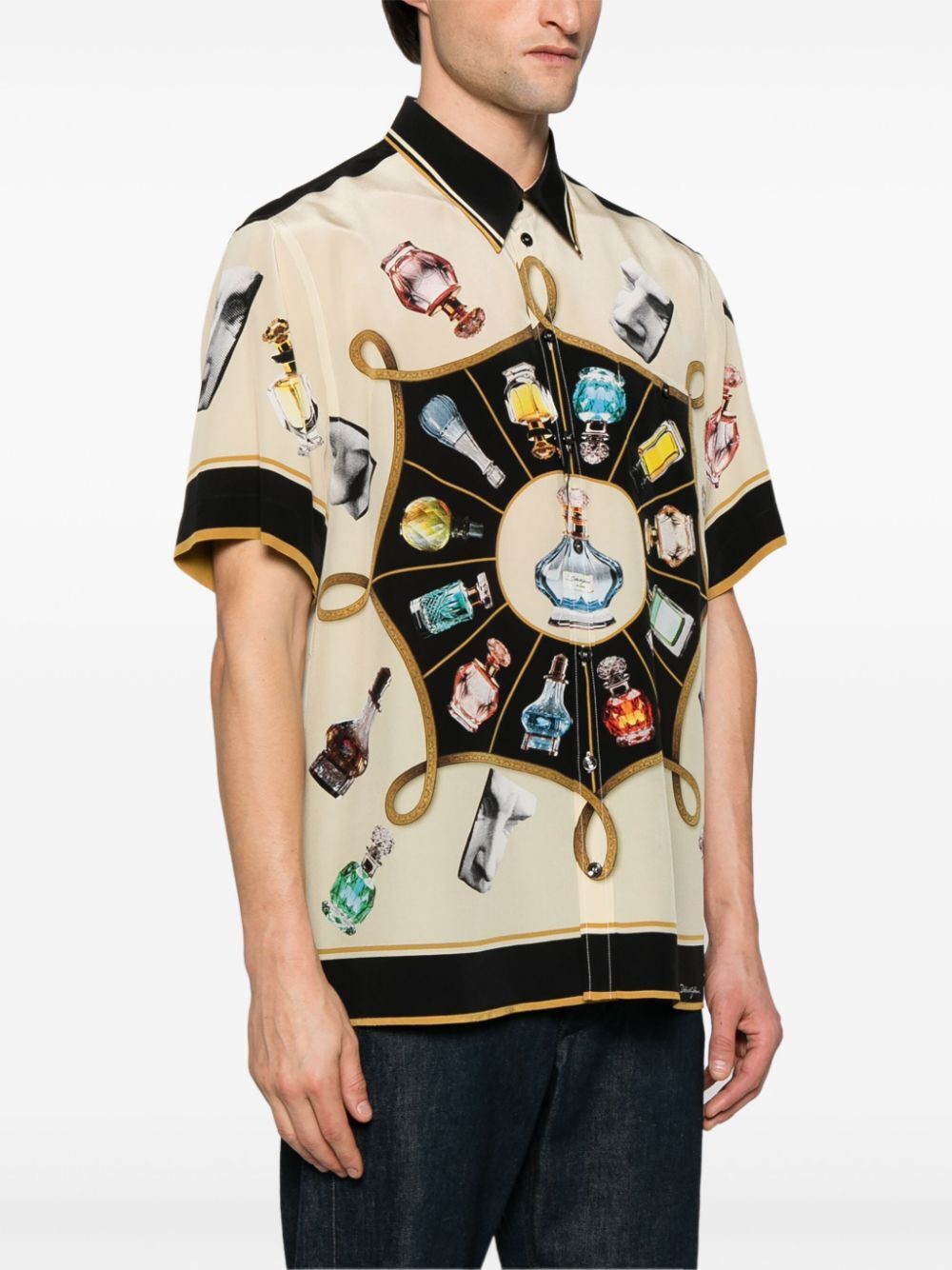 DOLCE & GABBANA Silk Short Sleeved Perfume-Print Shirt for Men - SS25