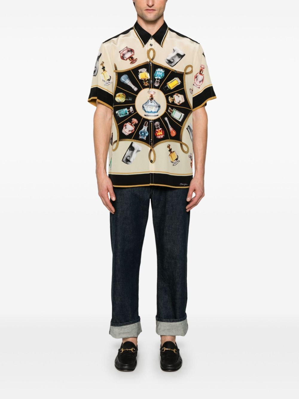 DOLCE & GABBANA Silk Short Sleeved Perfume-Print Shirt for Men - SS25