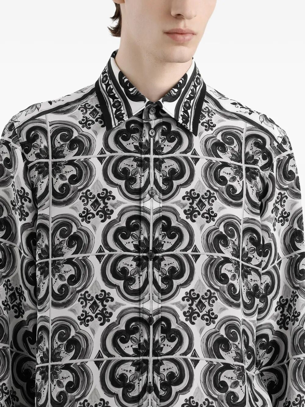 DOLCE & GABBANA Majolica-Print Silk Shirt for Men - FW25 Collection