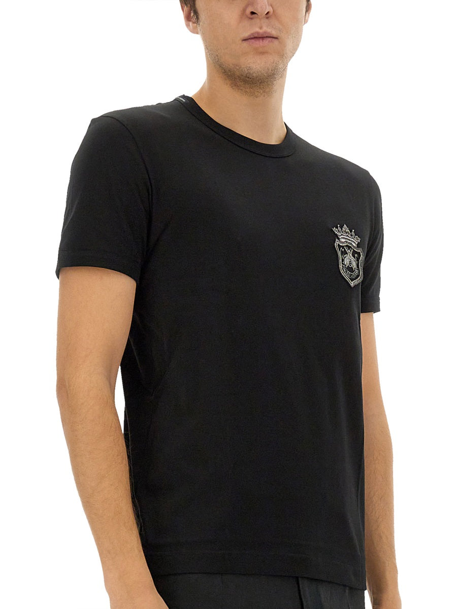 DOLCE & GABBANA Heraldic Patch Cotton T-Shirt - Regular Fit, Size 48