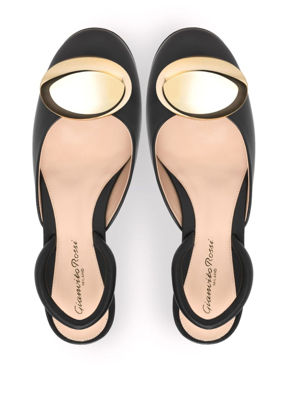 GIANVITO ROSSI Women's Round Toe Pumps with Elastic Back Strap and Custom Gold Ornament - 45mm Heel