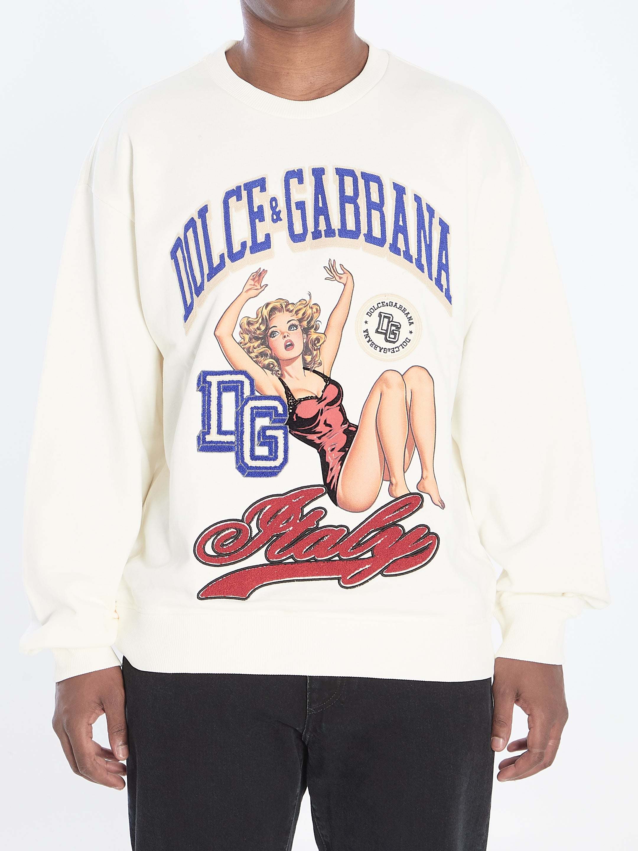 DOLCE & GABBANA Men's Regular Fit Sweatshirt with Pin-Up Print - Size 50