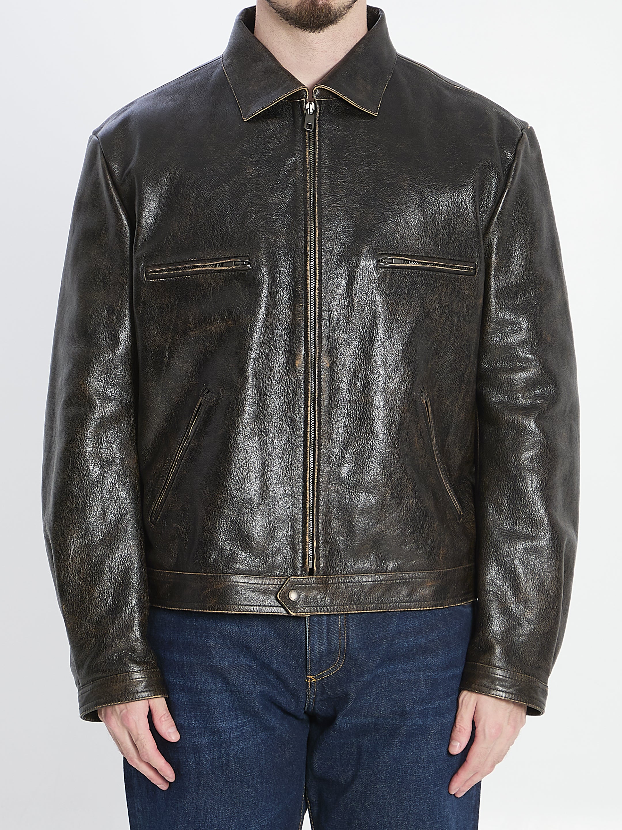 DOLCE & GABBANA Aged-Effect Leather Bomber Jacket (Size 48 IT)