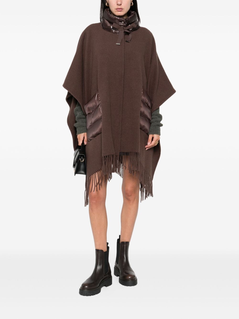 HERNO Fringed Wool Poncho with Drawstring Detail - High Neck