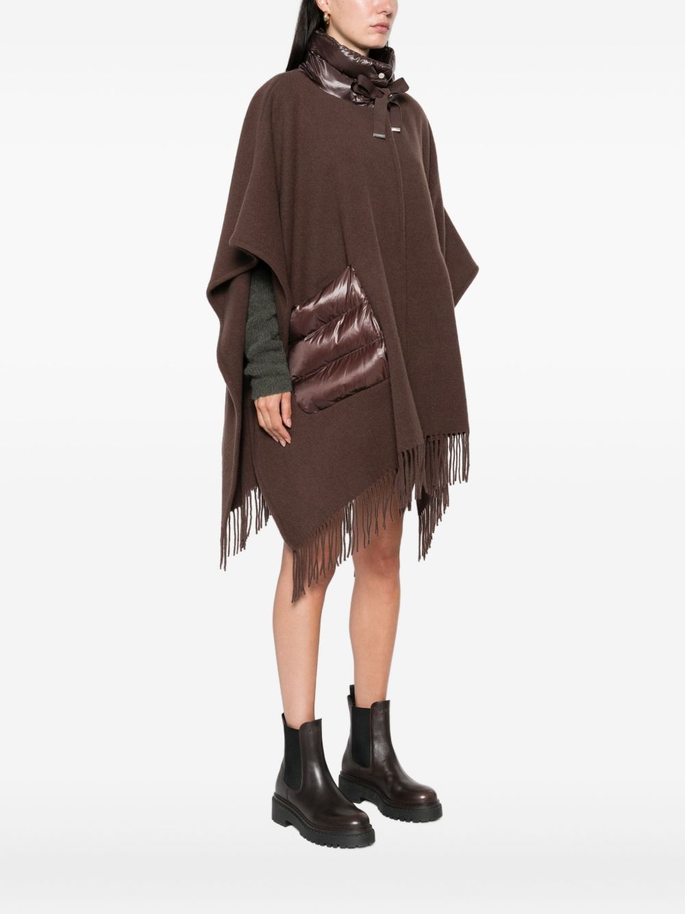 HERNO Fringed Wool Poncho with Drawstring Detail - High Neck