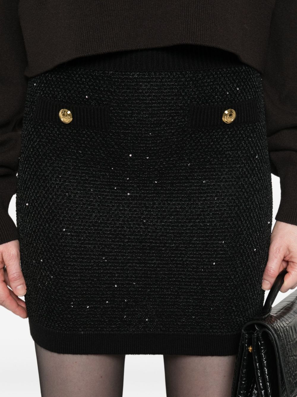 ELISABETTA FRANCHI Wool Knit Skirt with Button Embellishment