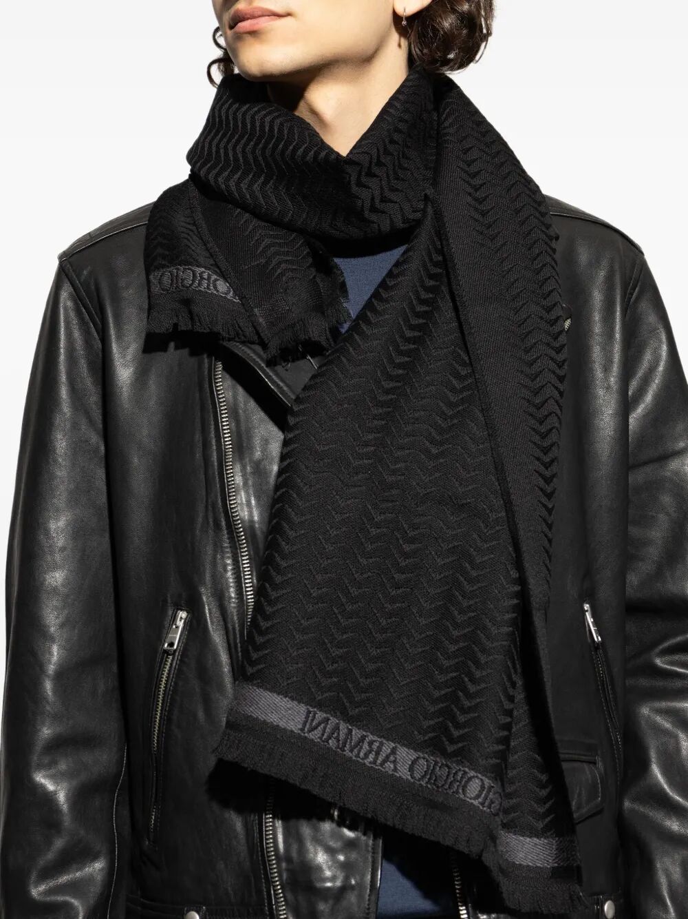 GIORGIO ARMANI Herringbone Pattern Wool Fringed Scarf