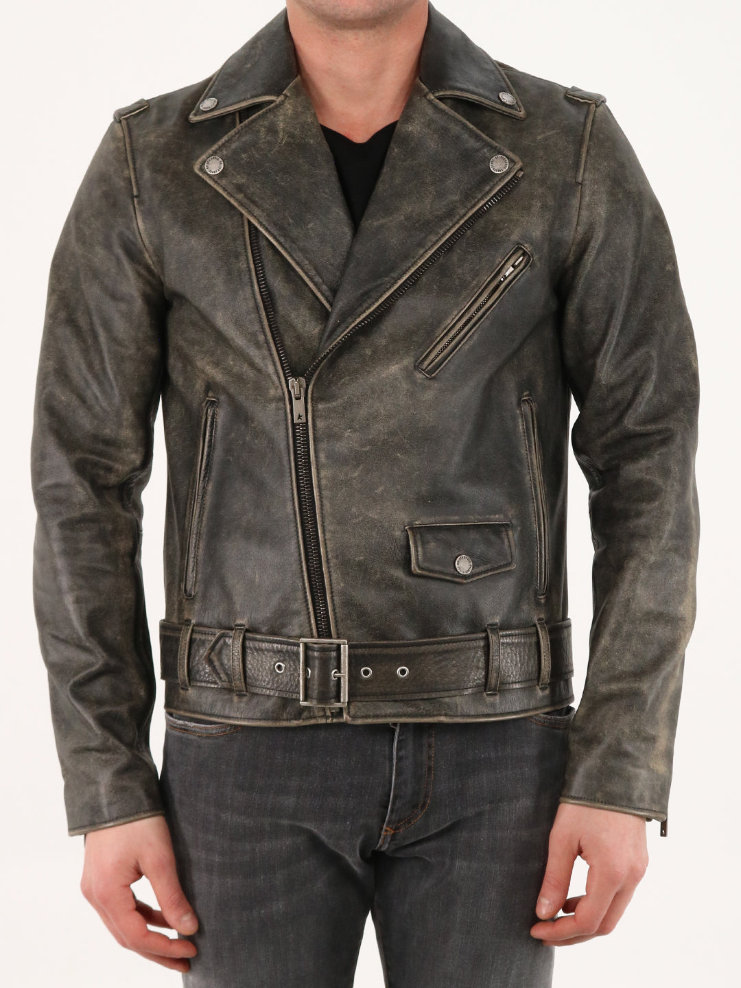 GOLDEN GOOSE Distressed Leather Biker Jacket - Size 50