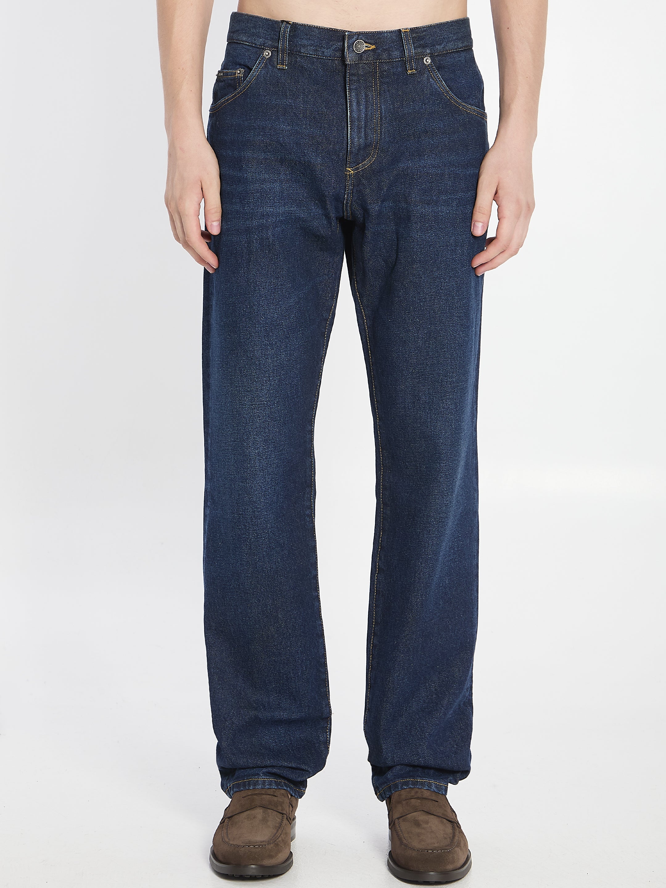 DOLCE & GABBANA Men's Regular Fit Denim Pants with Logo Plaque