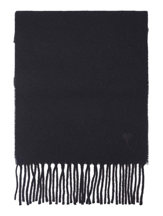 AMI Embroidered Wool Scarf with Fringed Edges