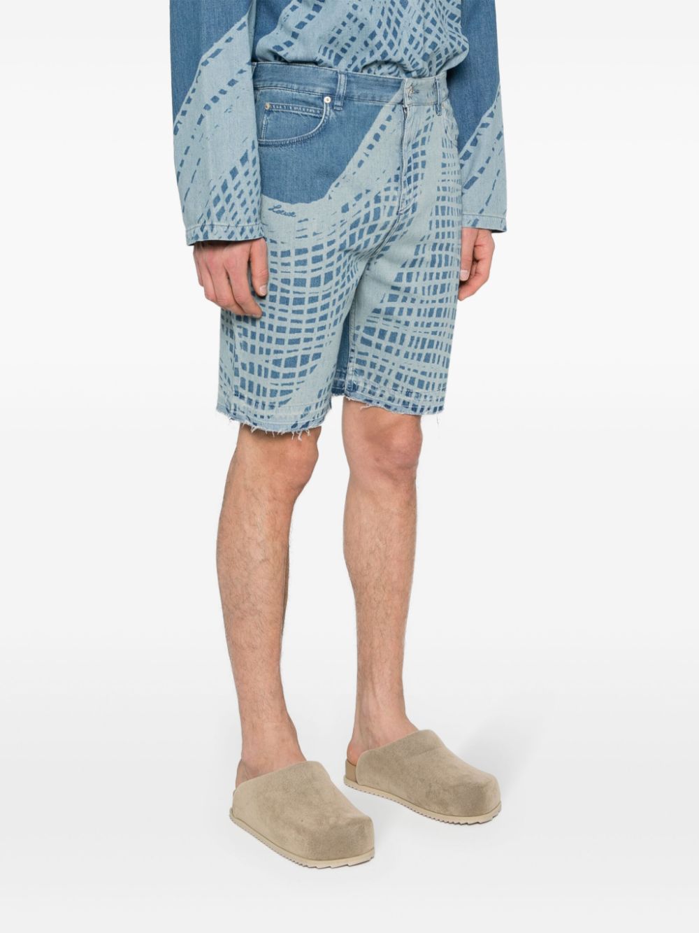 LOEWE Men's Mid-Rise Denim Shorts with Frayed Hem