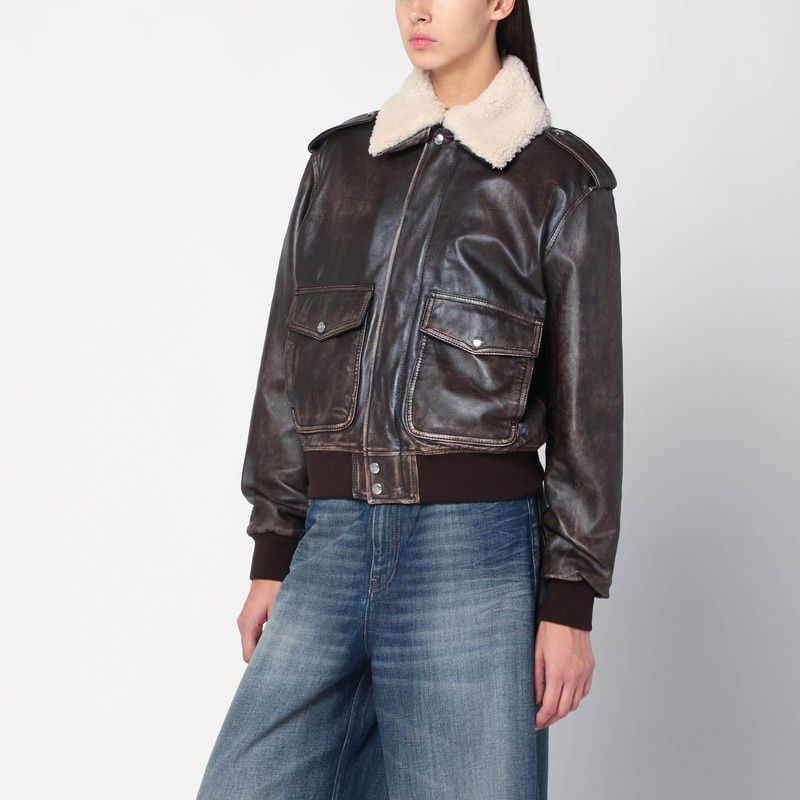 HALFBOY Women's Vintage Leather Bomber Jacket with Shearling Collar