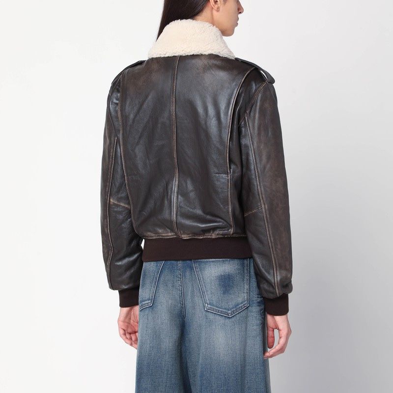 HALFBOY Women's Vintage Leather Bomber Jacket with Shearling Collar