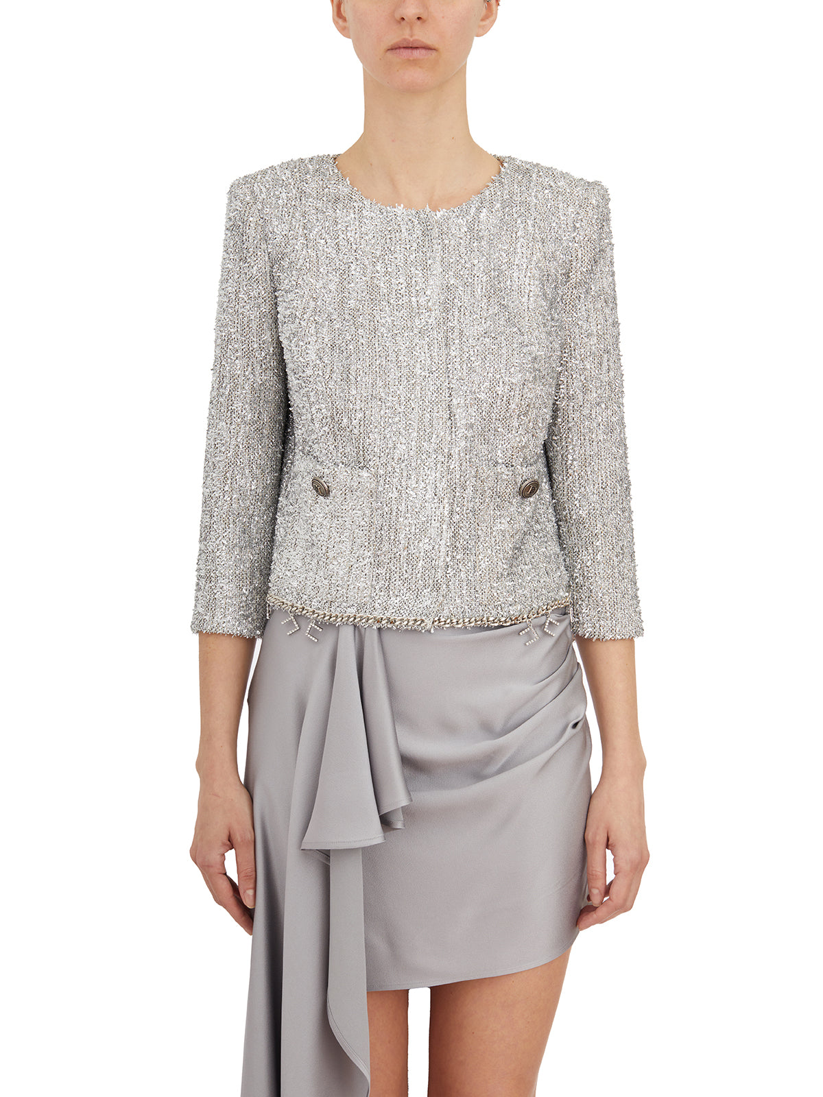 ELISABETTA FRANCHI Mini Lurex Tweed Jacket with Rhinestone Accents - Size 40