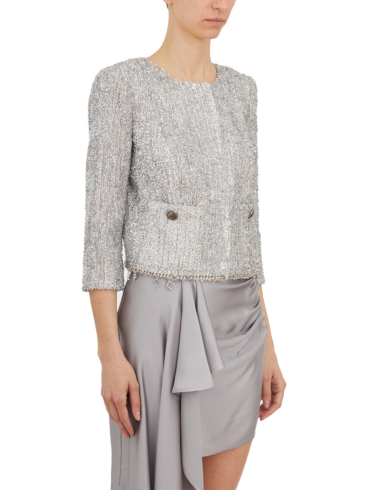 ELISABETTA FRANCHI Mini Lurex Tweed Jacket with Rhinestone Accents - Size 40