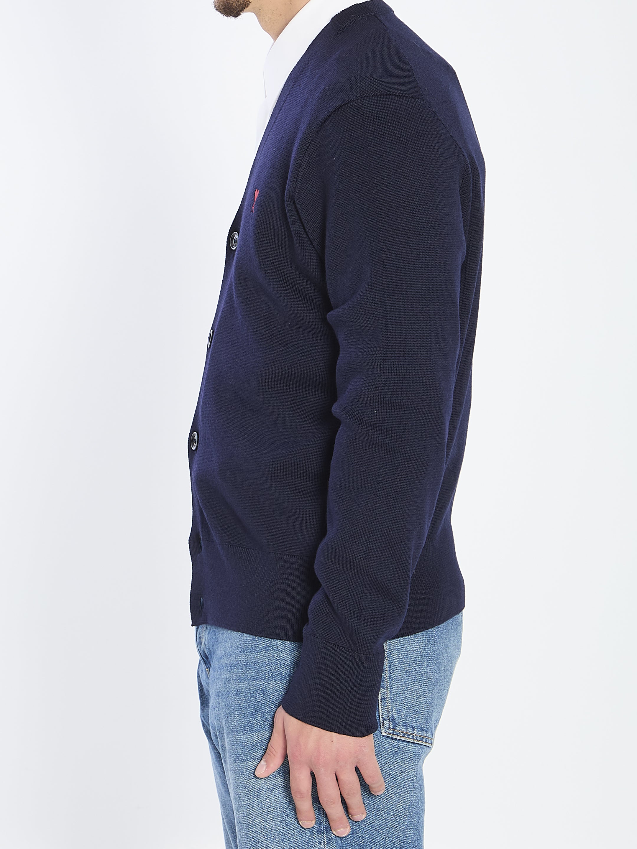 AMI PARIS Men's Classic Crew Neck Cardigan with Intarsia Detail