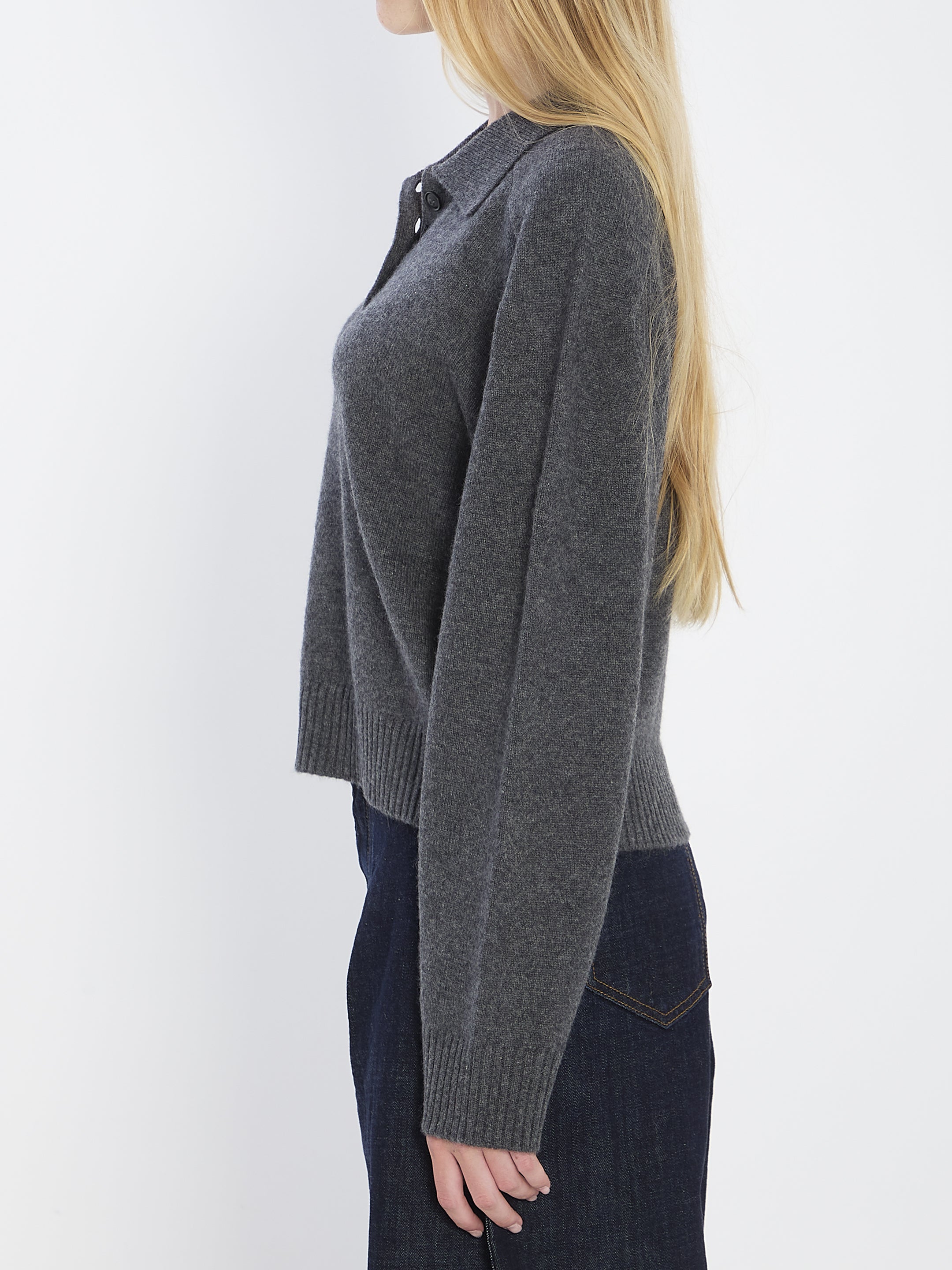 LOULOU DE SAISON Long-Sleeved Cashmere Polo - Cropped Relaxed Fit
