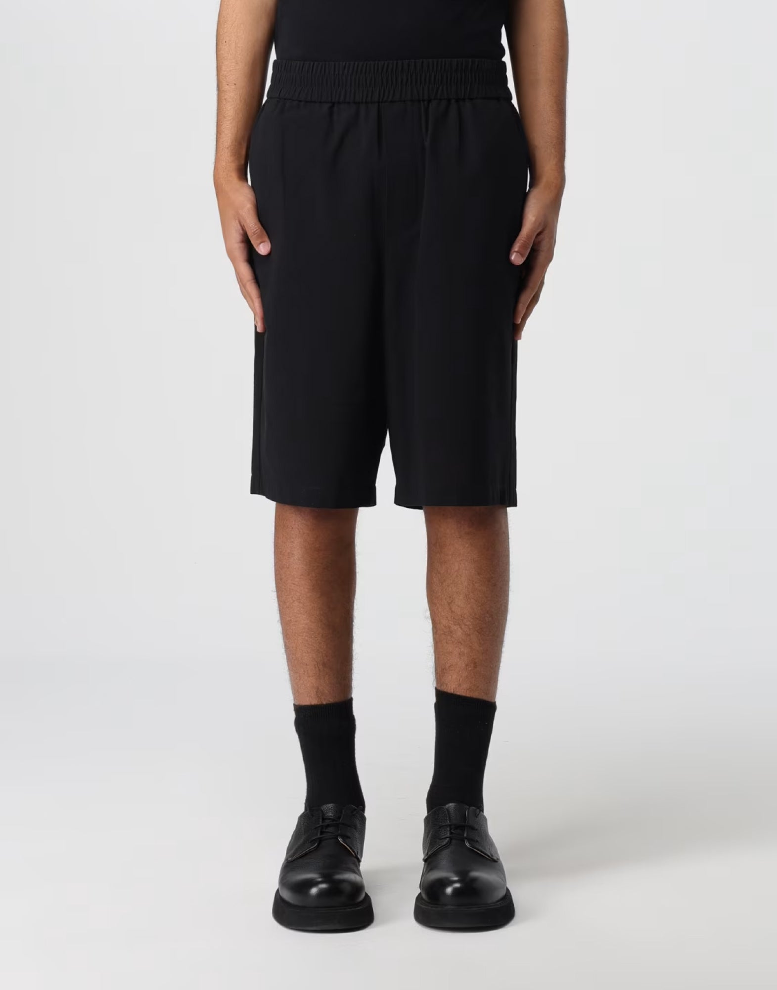 AMI PARIS Cotton Crepe Logo Plaque Bermuda Shorts