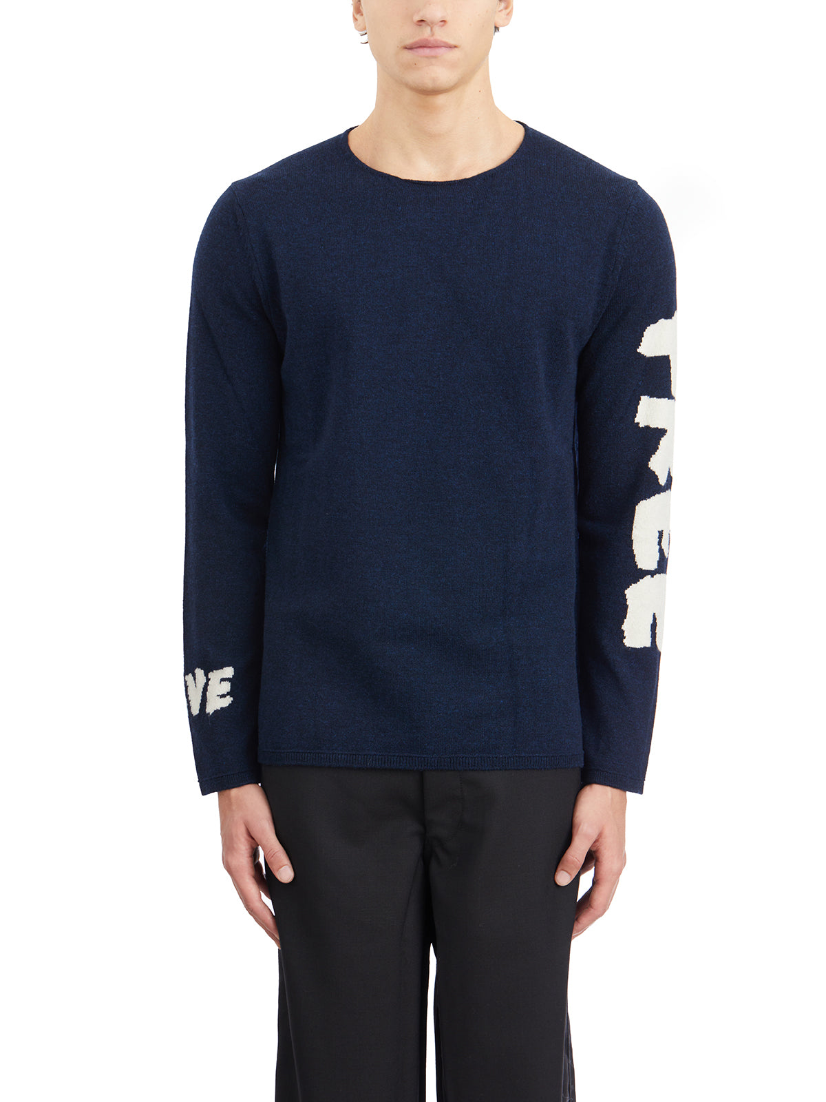 COMME DES GARÇONS SHIRT Men's Roundneck Wool Sweater with Embroidered Sleeves - Size L