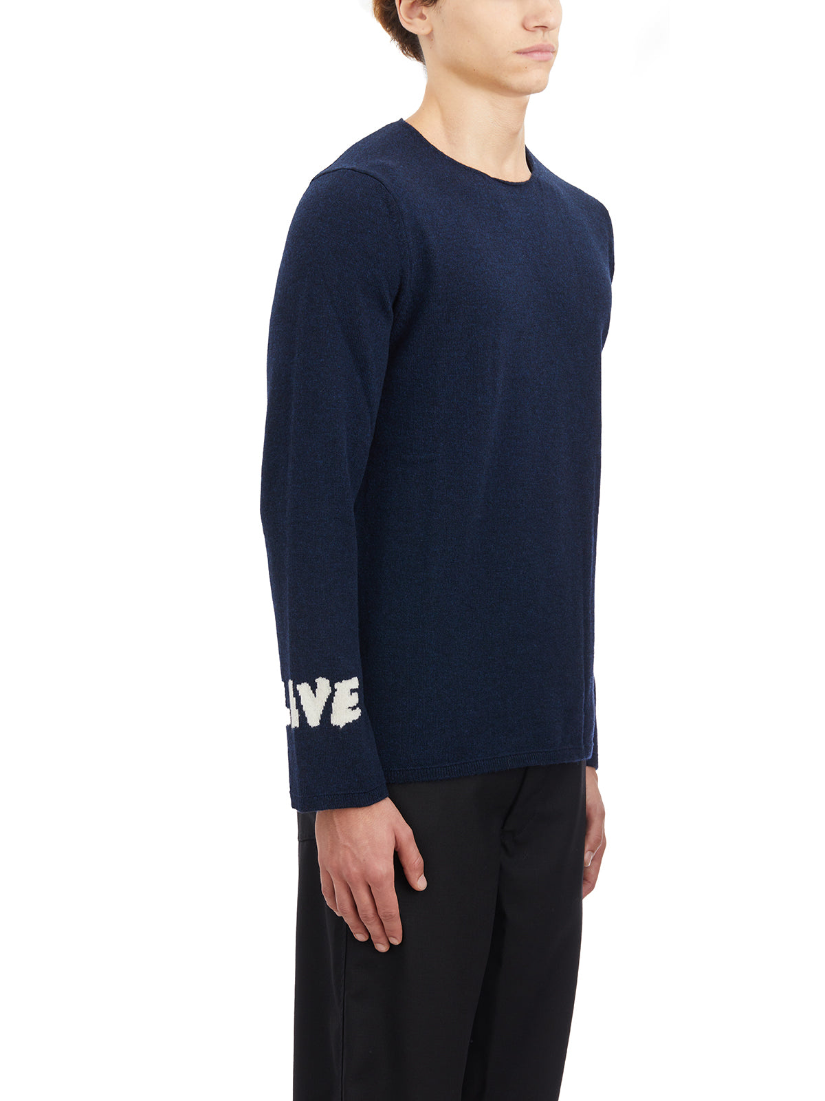 COMME DES GARÇONS SHIRT Men's Roundneck Wool Sweater with Embroidered Sleeves - Size L