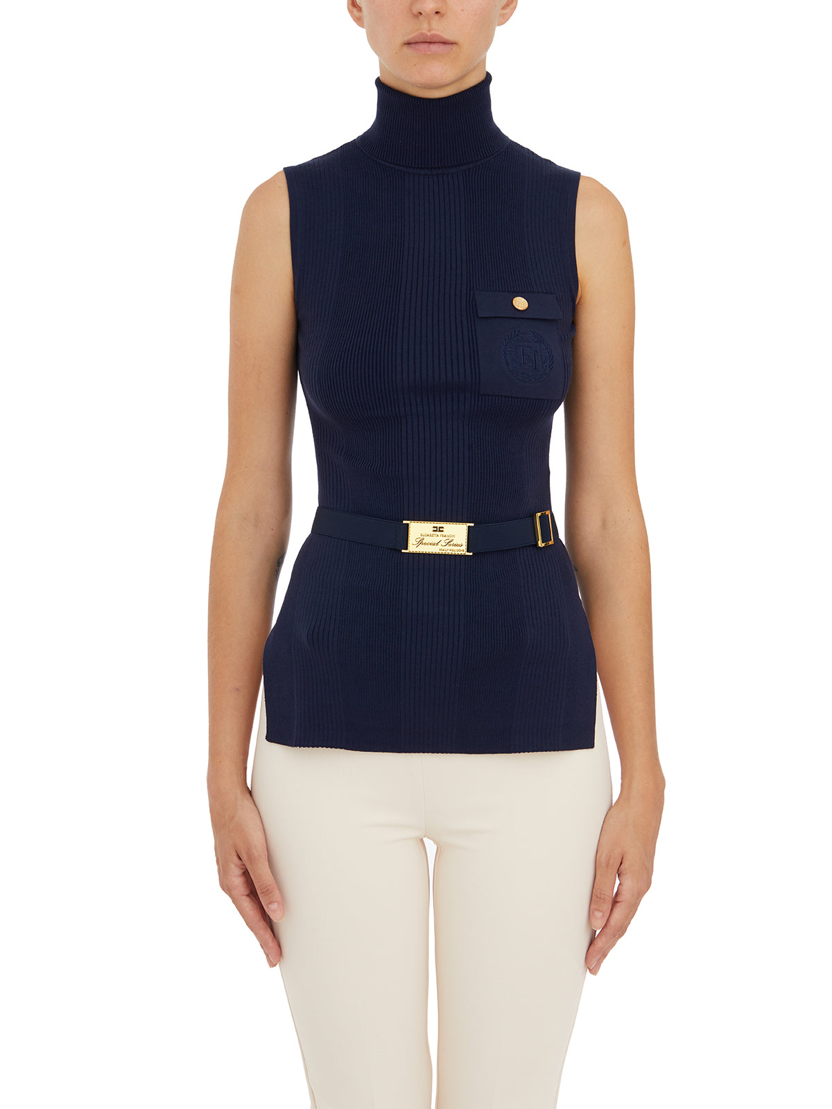 ELISABETTA FRANCHI Layered Mock Neck Top with Removable Belt - Size 40