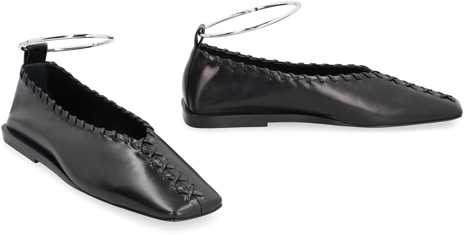 JIL SANDER Elegant Leather Ballet Flats with Metal Ankle Strap