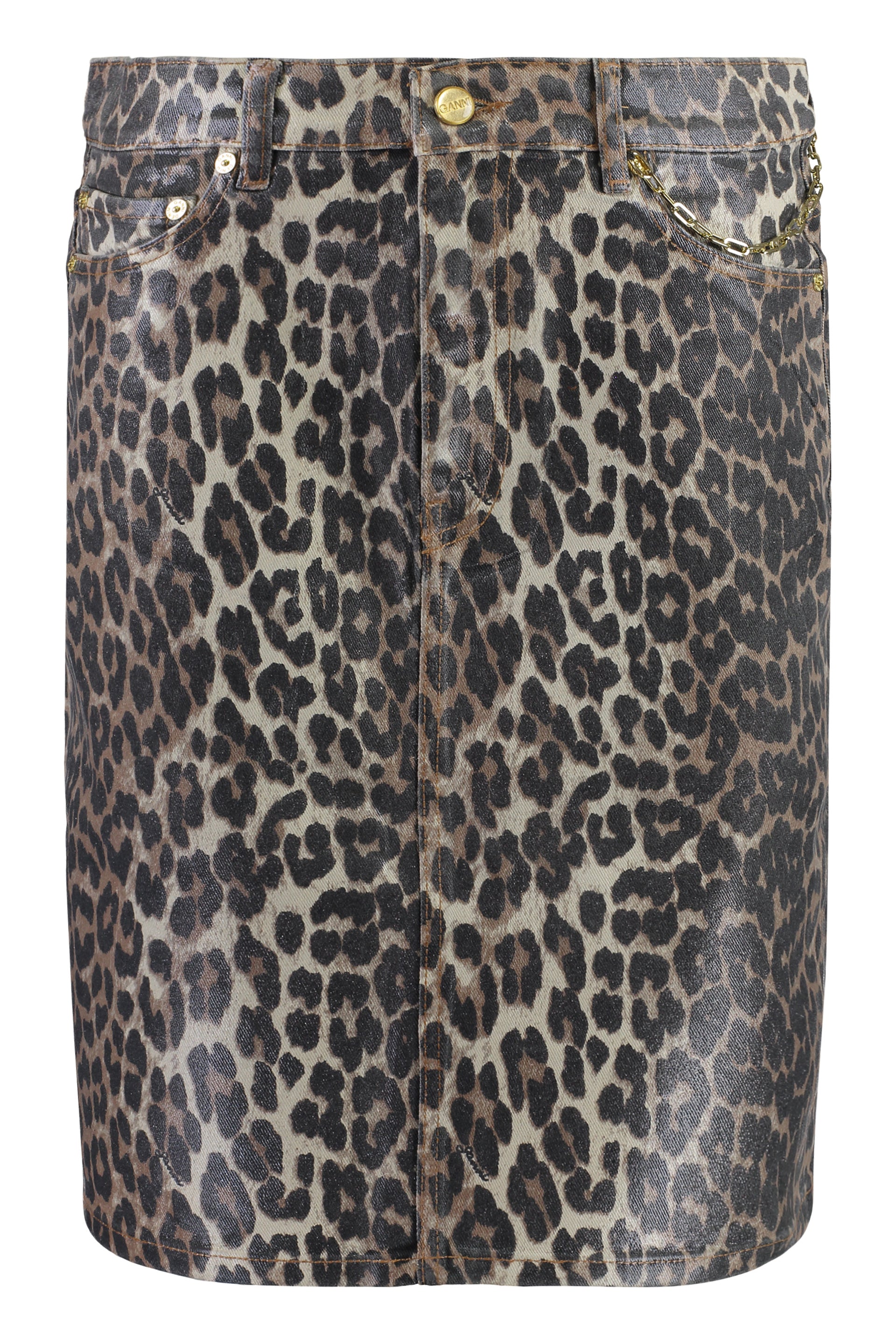 GANNI Animal Print Mini Skirt with Decorative Chain