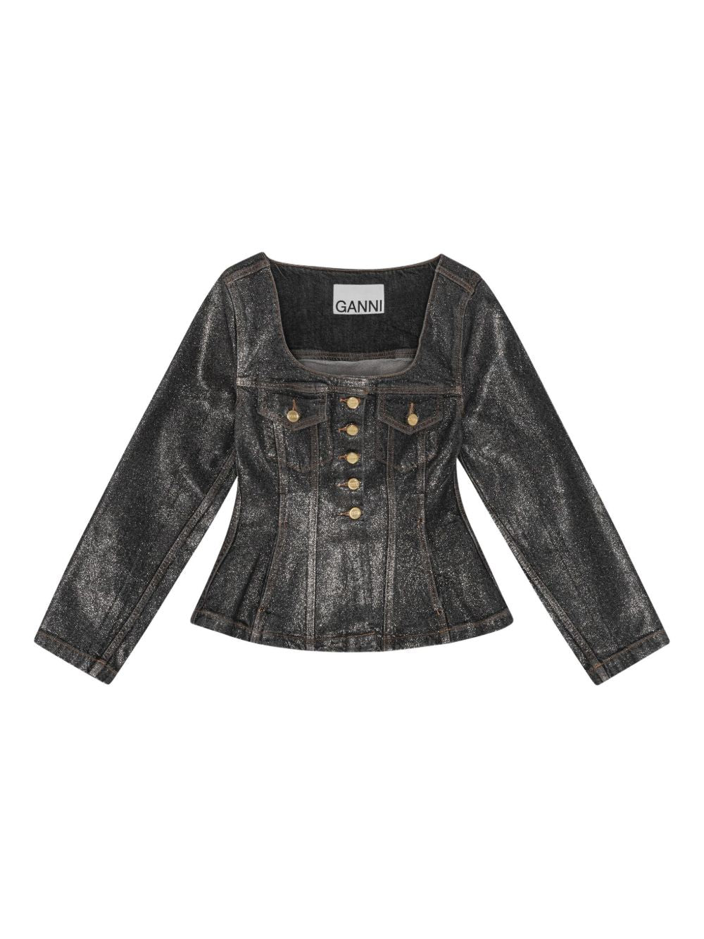 GANNI Denim Cotton Blazer Jacket with Peplum Waist