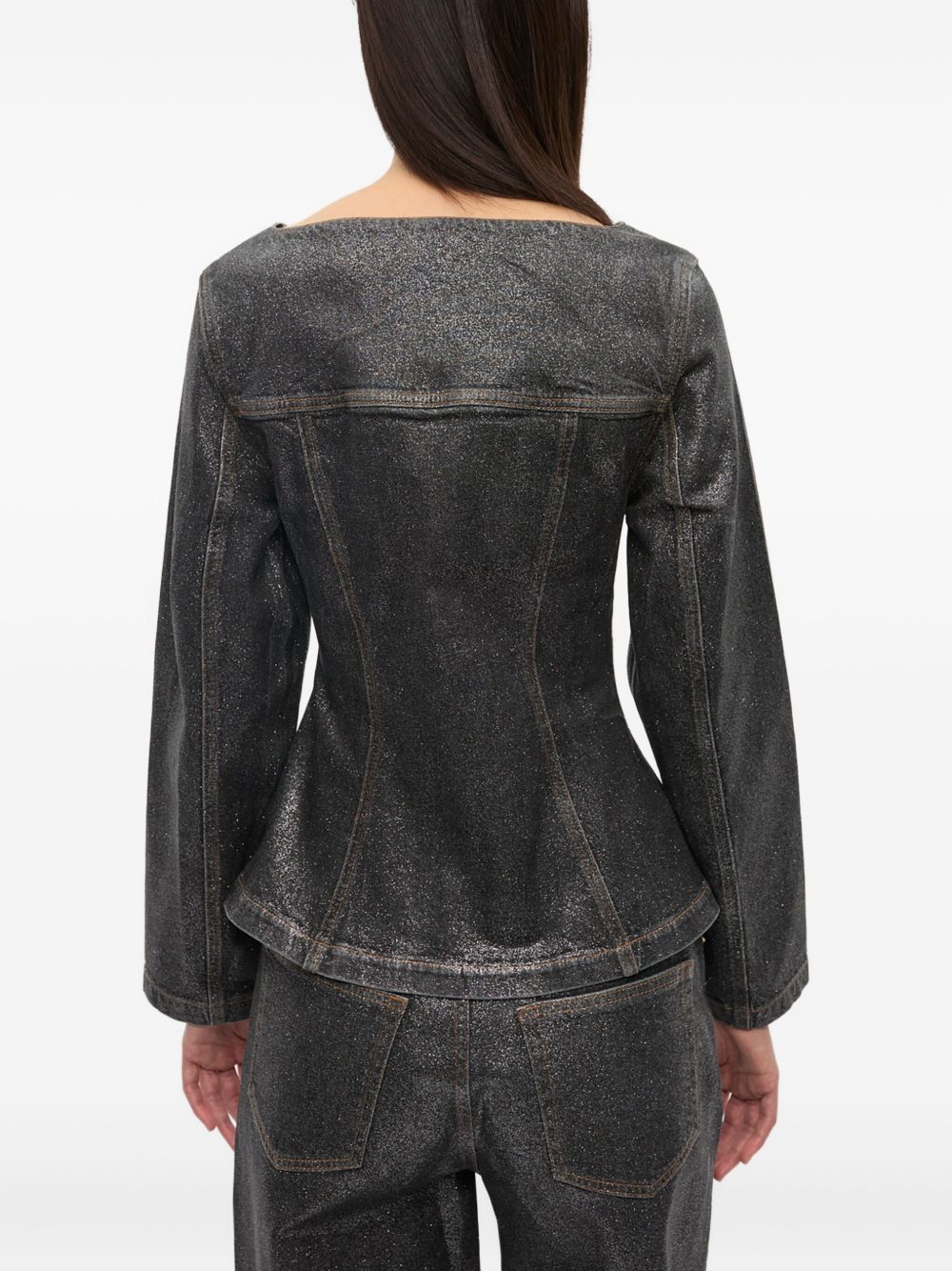 GANNI Denim Cotton Blazer Jacket with Peplum Waist