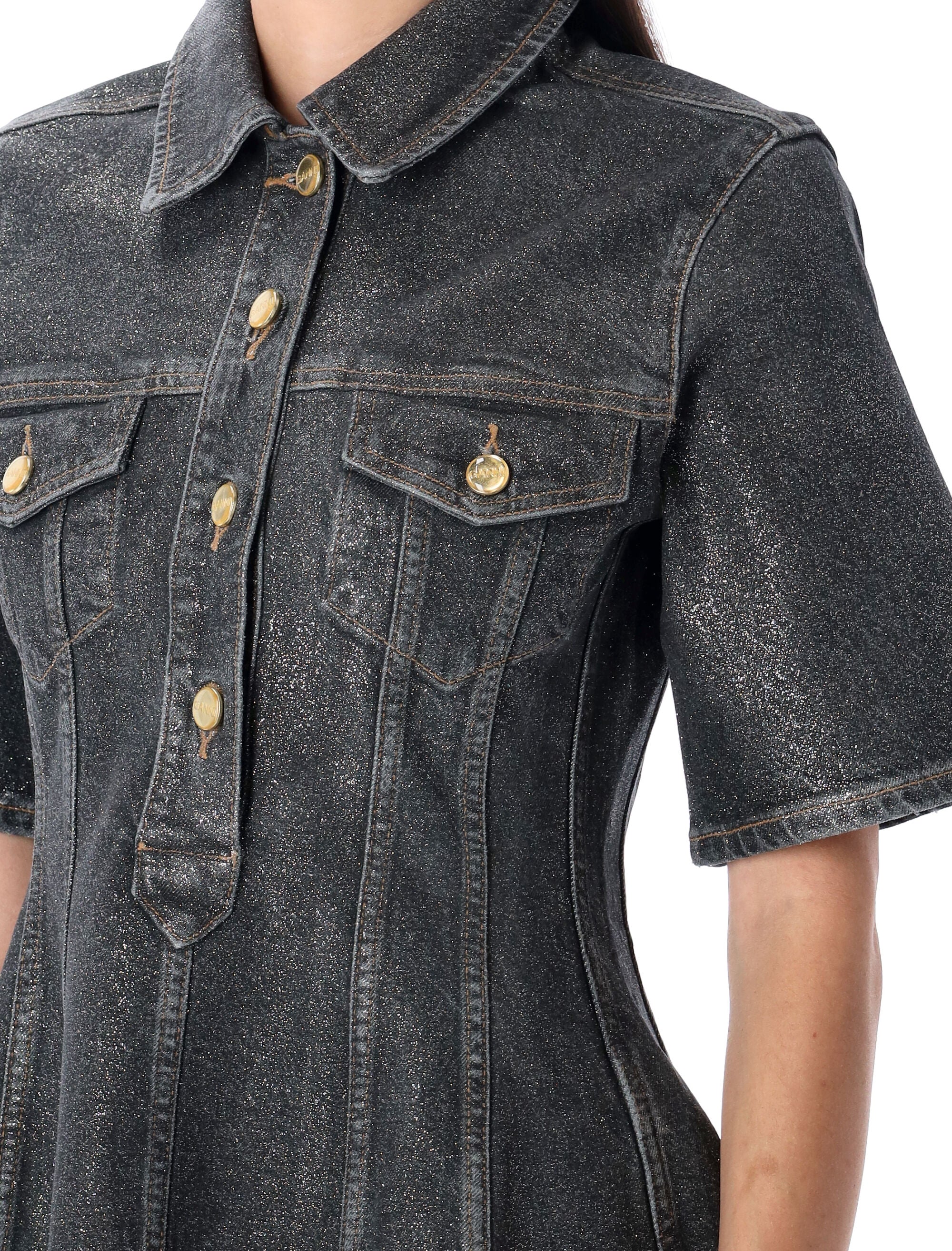 GANNI Shimmery Foil Denim Mini Dress - Size 36