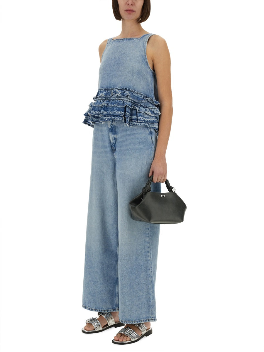 GANNI Organic Cotton Denim Top with Ruffles and Thin Straps - FW25