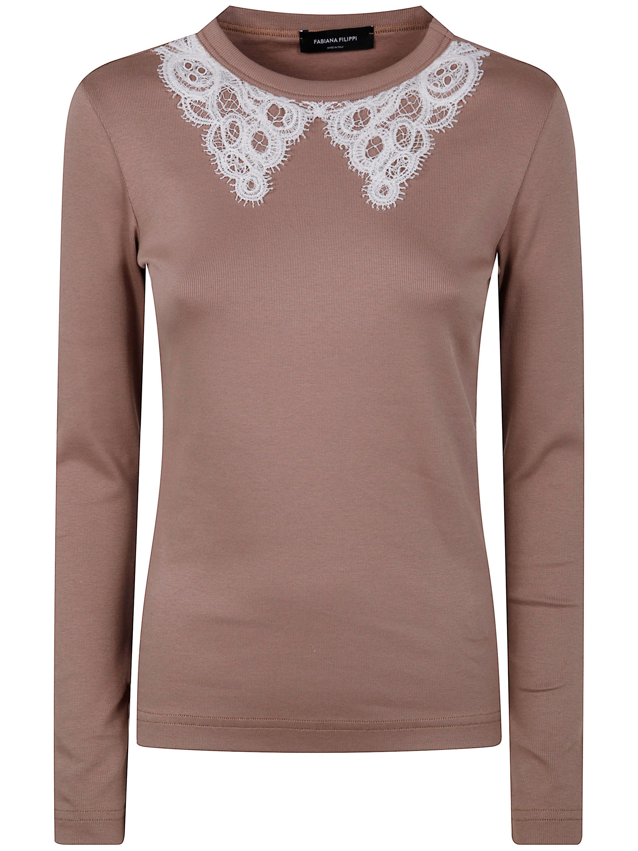 FABIANA FILIPPI Long Sleeve T-Shirt with Macrame Lace Collar