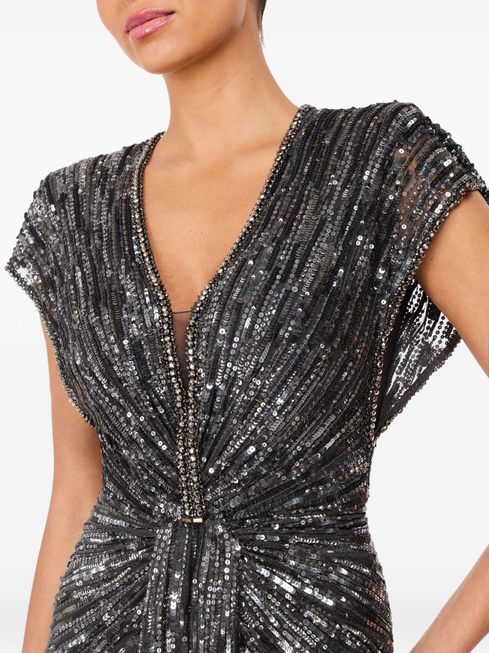 JENNY PACKHAM Elegant V-Neck Long Dress with Torchón Detail