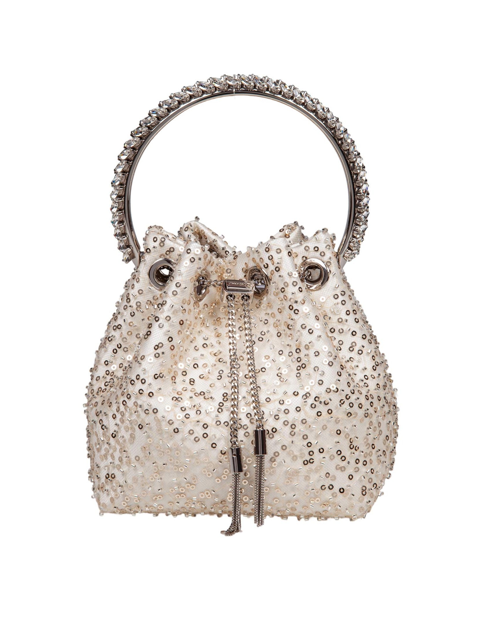JIMMY CHOO Mini Satin Handbag with Crystal-Embellished Handle and Tassel Closure