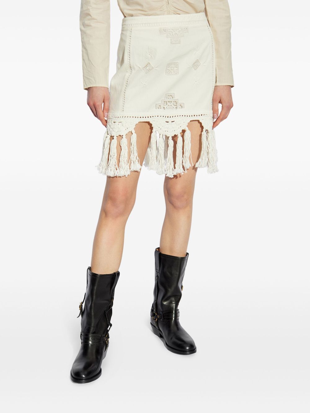 ISABEL MARANT Stylish Cotton Mini Skirt with Macramé and Fringe Details