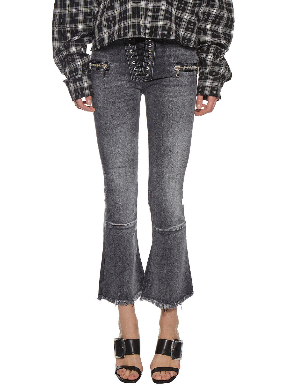 BEN TAVERNITI UNRAVEL Raw Cut Flared Jeans with Lace Detailing - Size 25