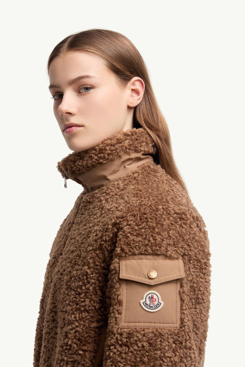 MONCLER Cropped Teddy Effect Fleece Down Jacket - Size 01