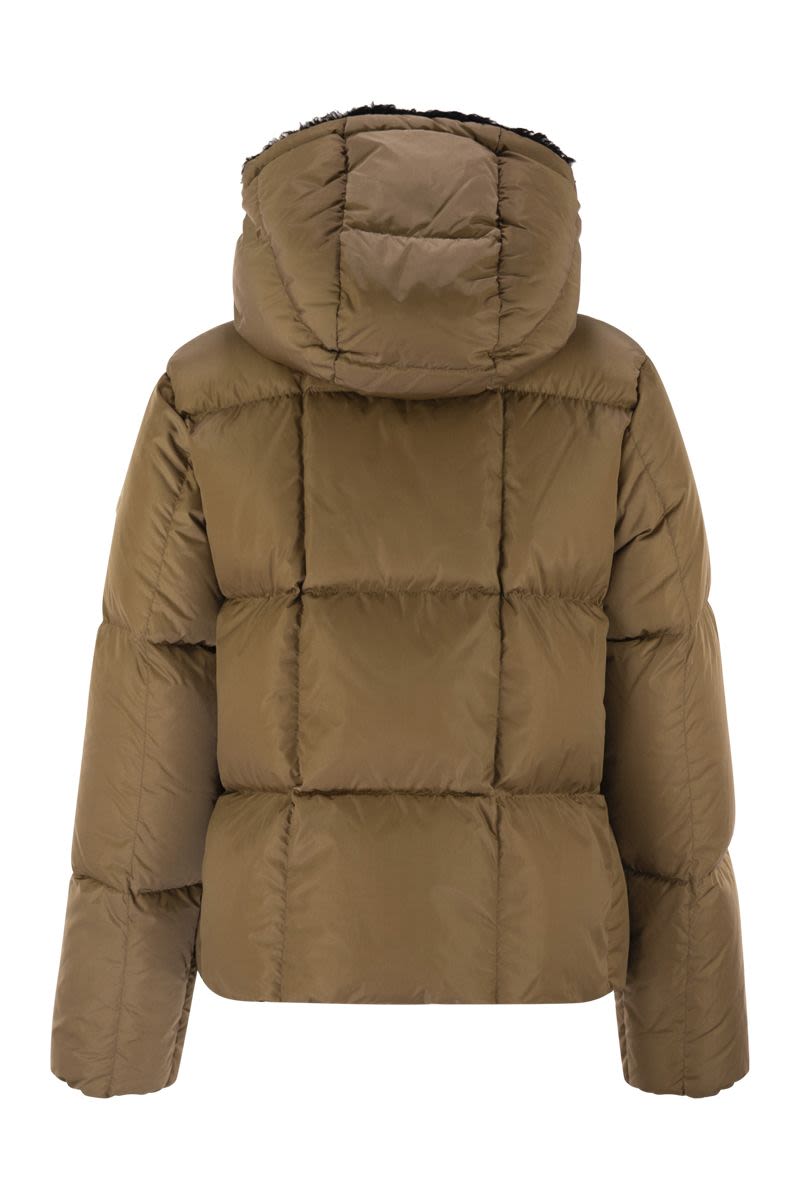 MONCLER Mini Short Down Jacket with Hood and Square Quilting