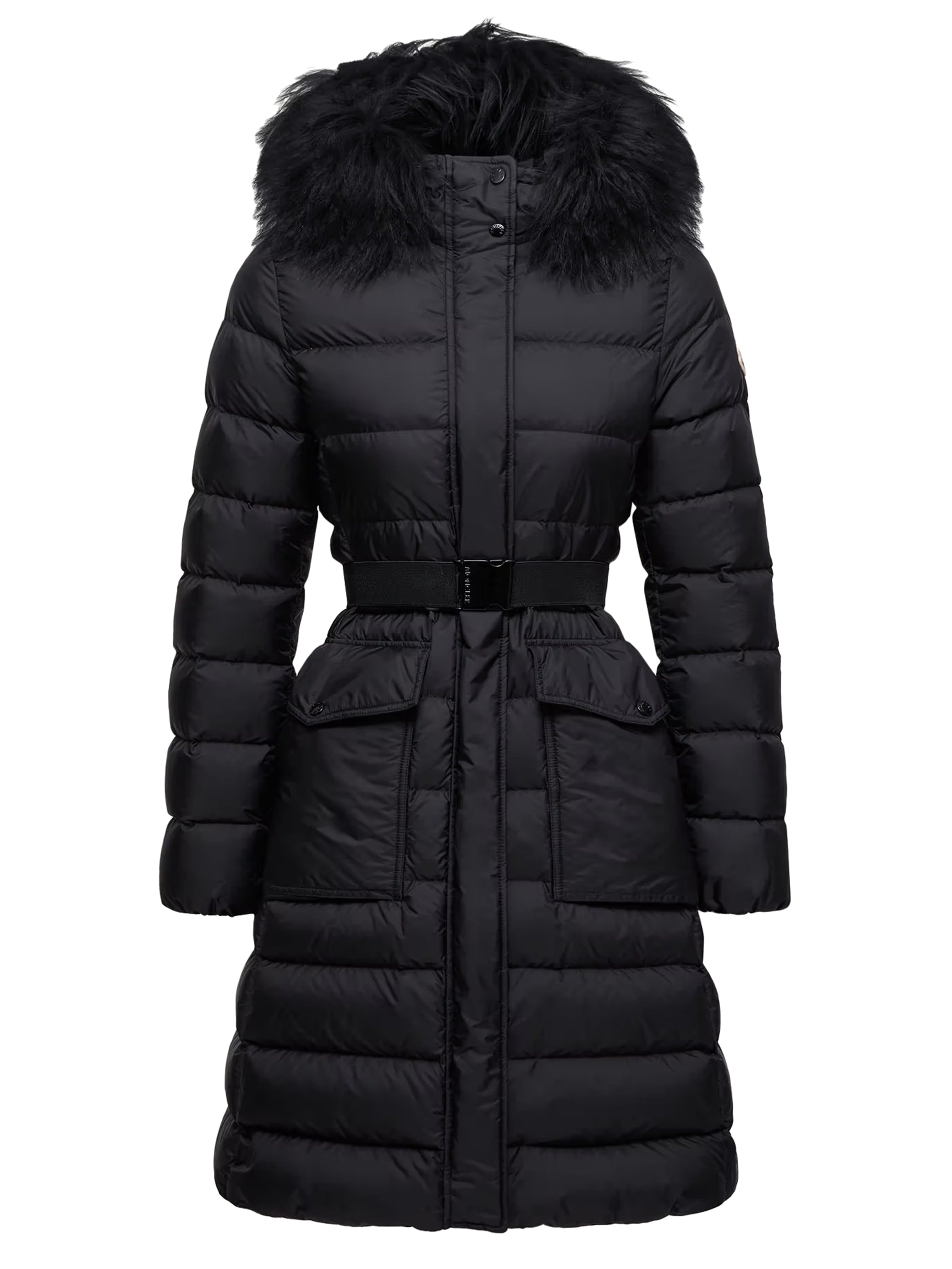 MONCLER Women’s Long Down Jacket with Hood and Shearling Hem - Size 1