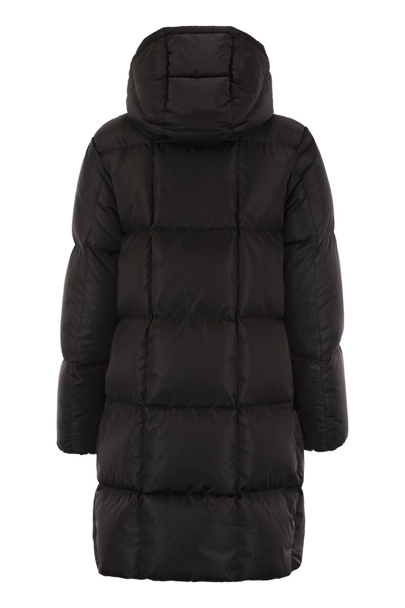 MONCLER Long Down Jacket with Square Quilting and Hood