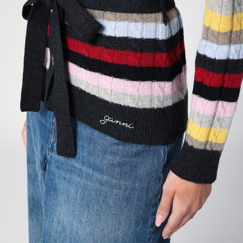 GANNI Multicolored Striped Cardigan with Belt - Women's